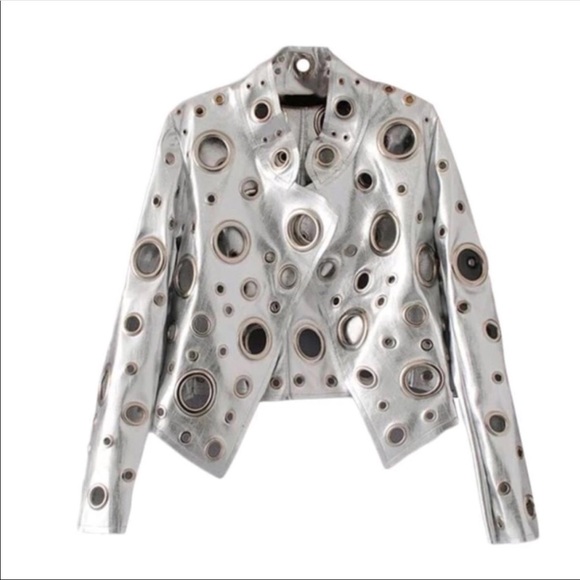 Metallic Vegan Leather Grommet Jacket - Picture 2 of 8